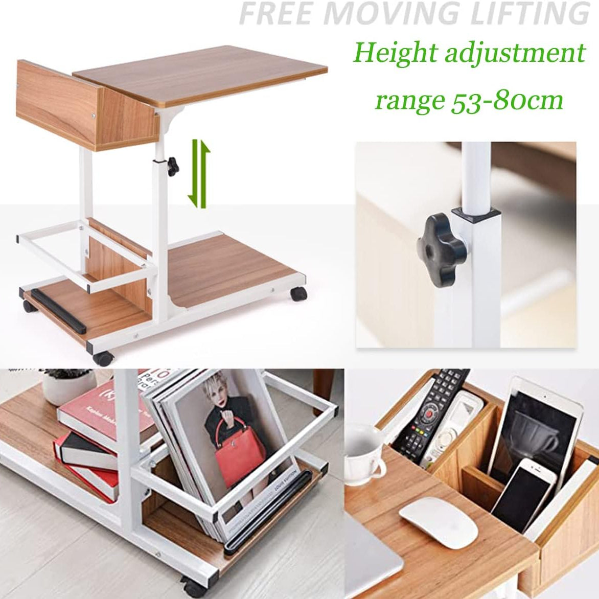 Movable Bed Side Computer Table With Wheels Storage Adjustable Table - waseeh.com