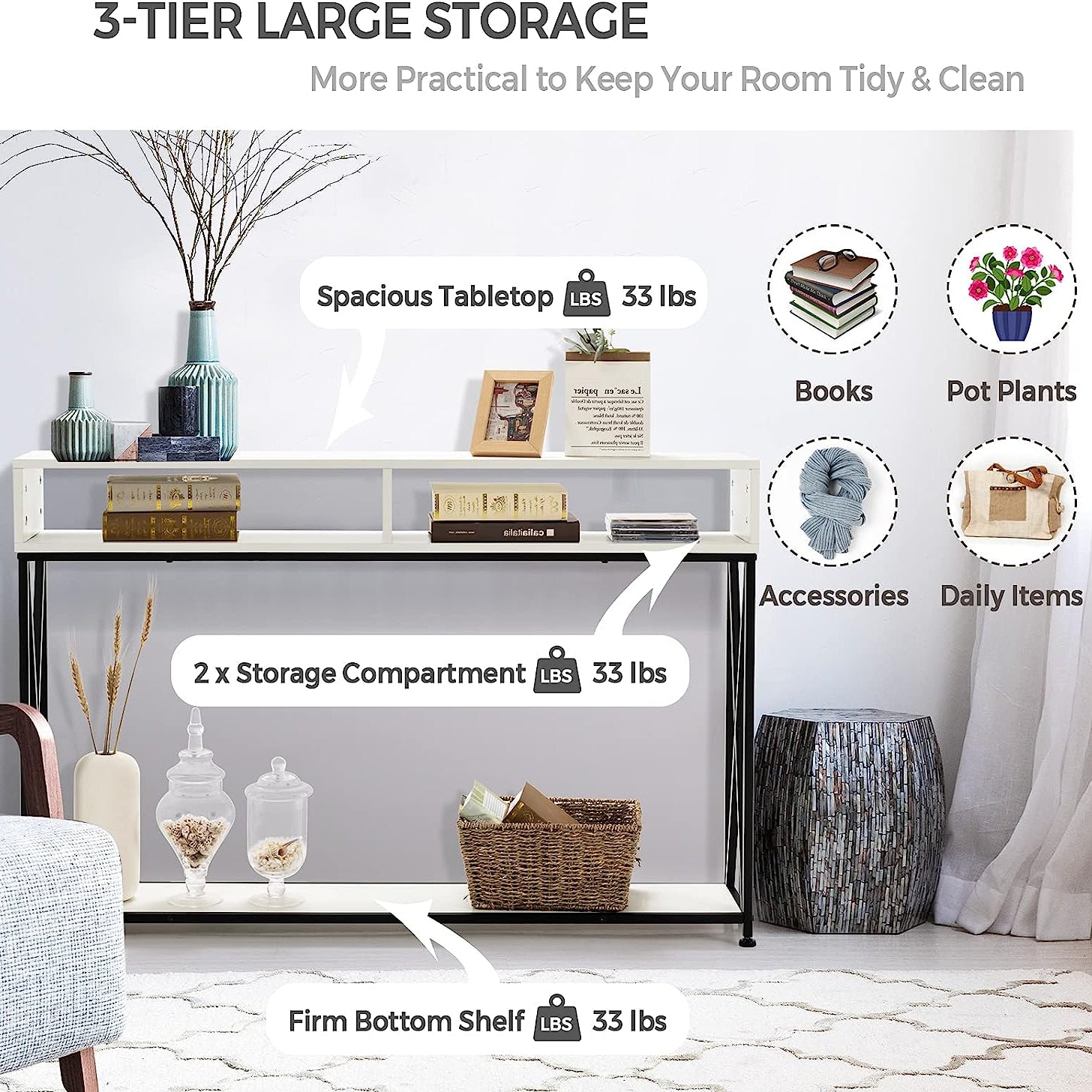 3-Tier Console Table Wood Sofa Table with Open Shelf - waseeh.com