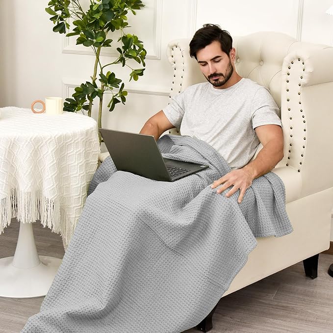 100% Cotton Waffle Blankets - Light Grey