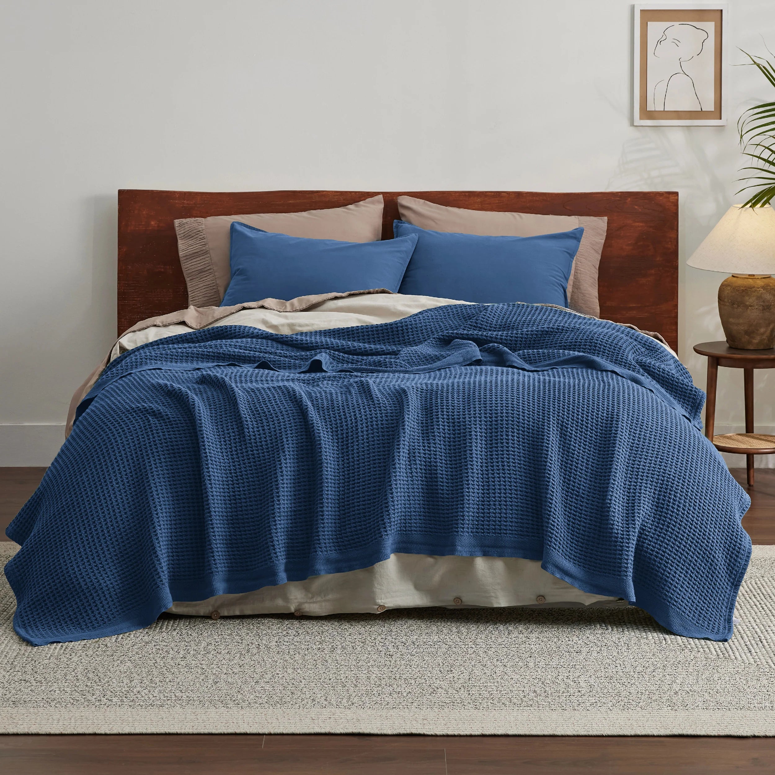100% Cotton Waffle Blankets Navy Blue